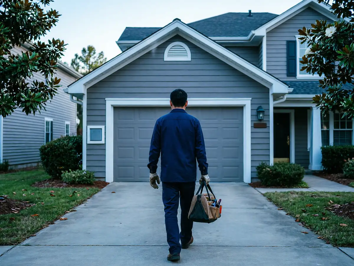 A technician walks toward a gray house with a gray garage door.