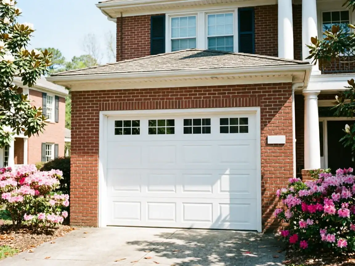 A white garage door with windows is on a brick house with pink bushes.