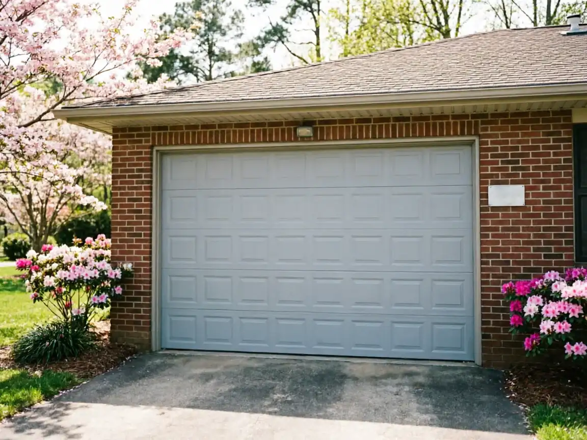 A light gray garage door is set into a red brick house with flowering bushes.