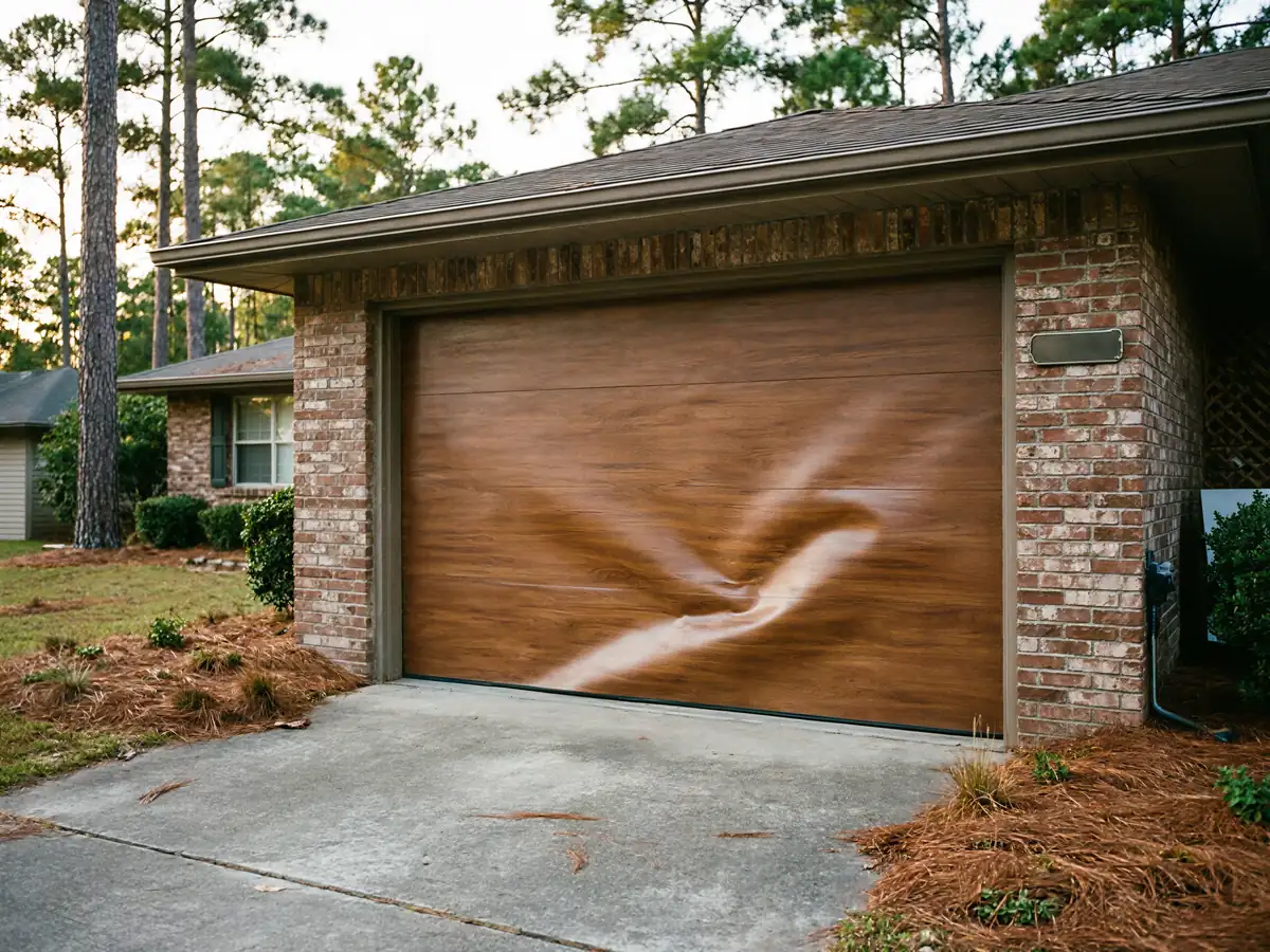 The brown garage door on a brick house is severely dented.