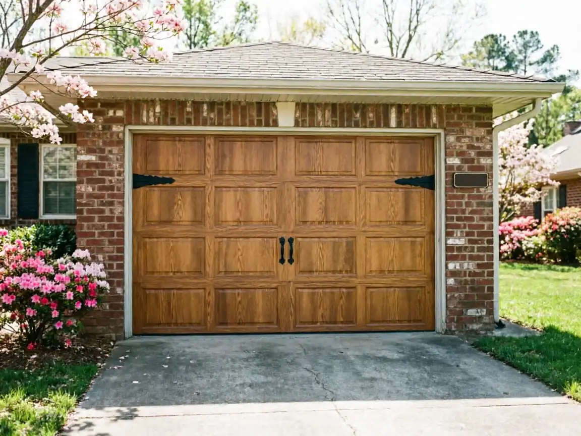 The garage door is brown with black decorative hardware on a brick house.